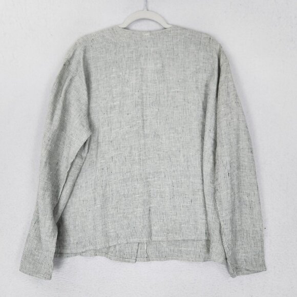 FLAX Jacket Womens Large Gray Jeanne Engelhart Linen Striped Button Front V Neck - Picture 10 of 11